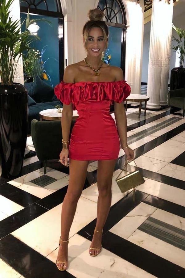 Red Satin Ruffle Sleeve Bardot Mini Dress Homecoming Dress Y1750 - Image 2