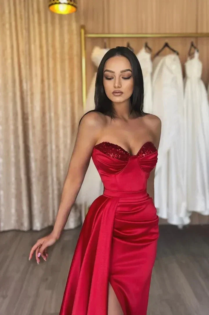 Red satin sequins long prom dress red evening dress  Y82 - Image 2