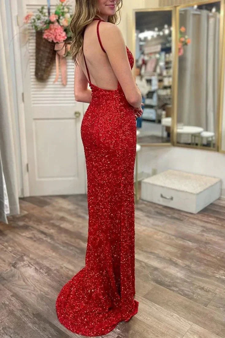 Norma | Red Sequin One Shoulder Mermaid Long Prom Dresses with Slit - Image 2