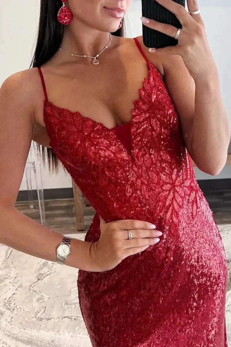 Red Sequin Plunge V Backless Mermaid Maxi Dress with Slit - Image 4