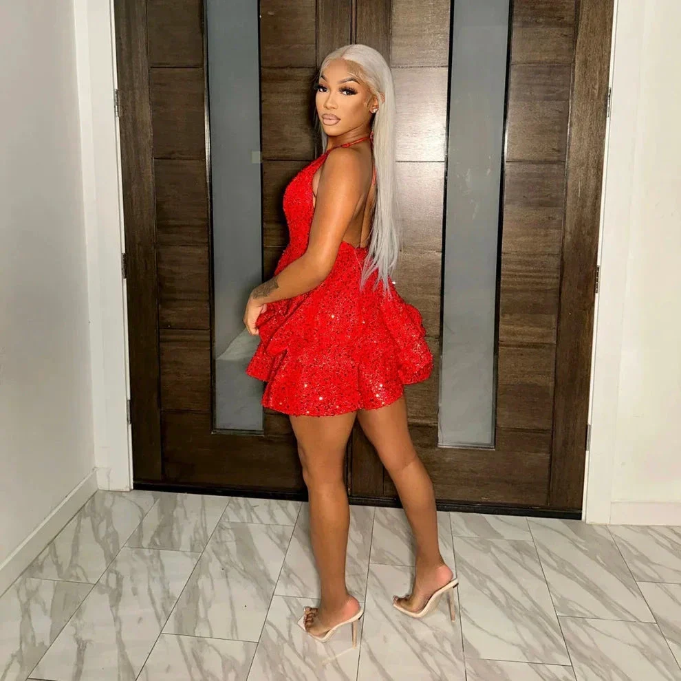 Red Sequin Tiered Homecoming Dress 18th Birthday Party Dress Y2444 - Image 2