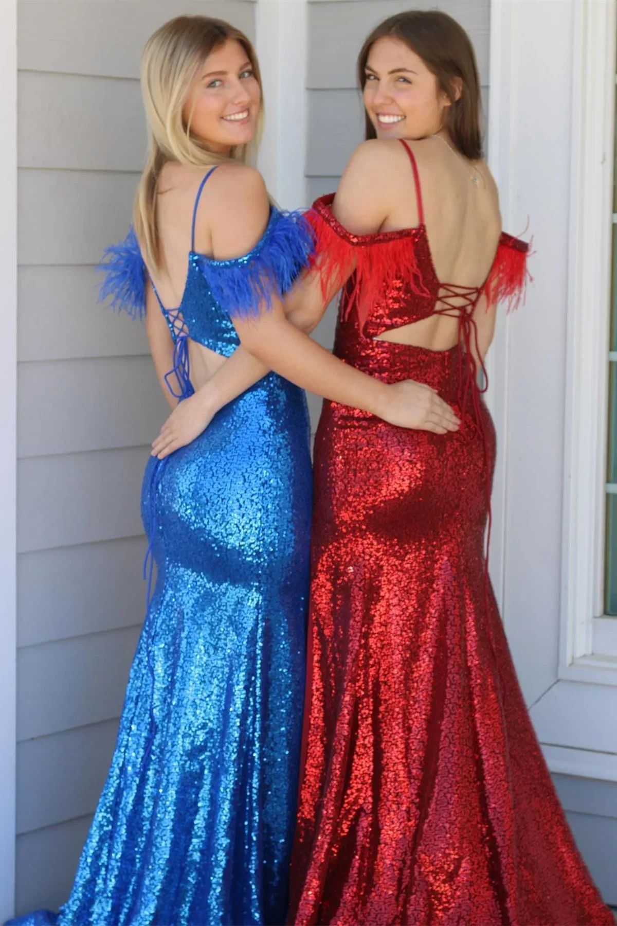 Red Sequins Cold Shoulder Feathers Long Prom Dress with Slit - Image 2