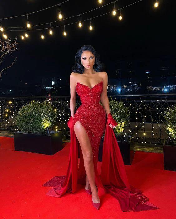 Red Sequins Mermaid Evening Dress with Split Sexy Prom Dress Y1640 - Image 2
