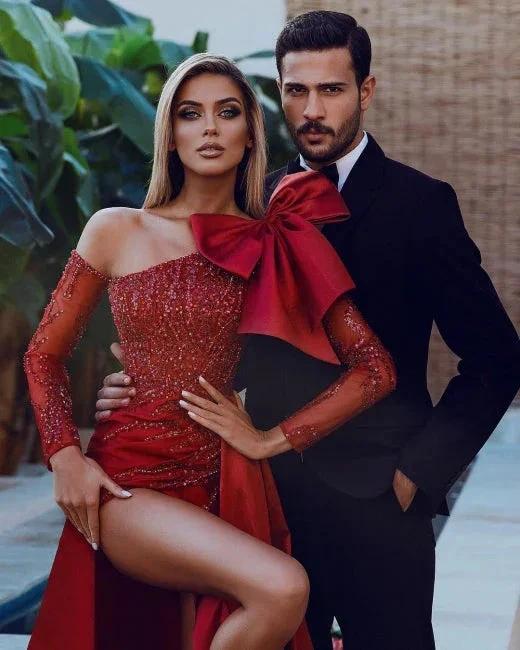 Red Sexy Long Glitter Prom Dresses With Sleeves - Image 2