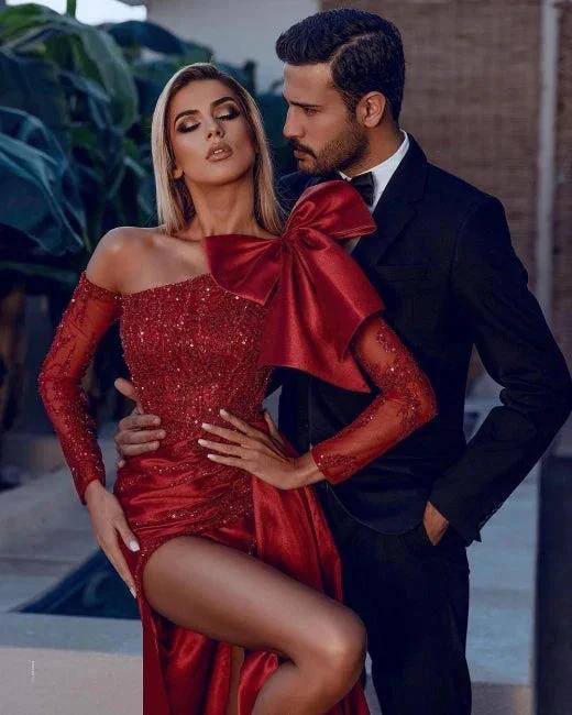 Red Sexy Long Glitter Prom Dresses With Sleeves - Image 3