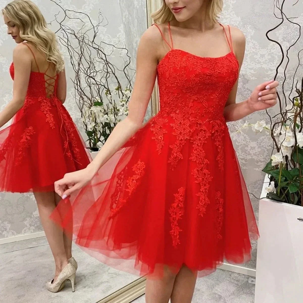 Red Short A-line Strapless Tulle Lace Backless Prom Homecoming Dresses - Image 2
