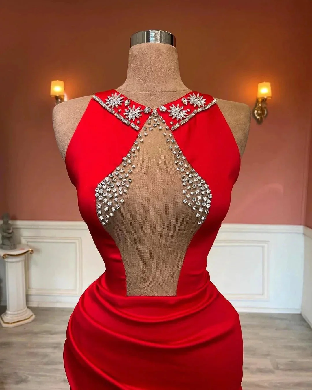 Red Sleeveless Column Beadings Stain Prom Dress with Split - Image 2