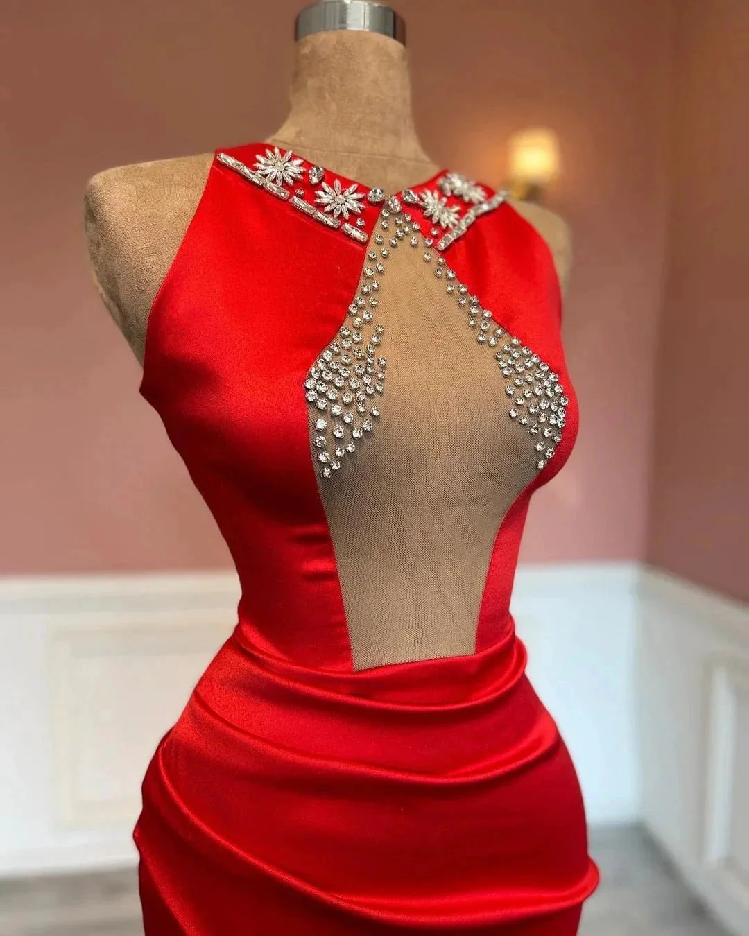 Red Sleeveless Column Beadings Stain Prom Dress with Split - Image 3