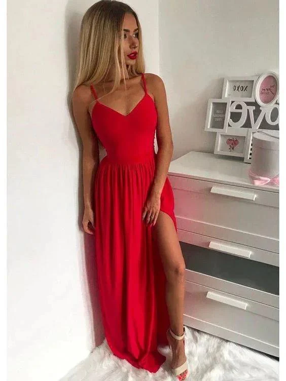 Red Spaghetti Straps Evening Dress With Side Slit Y432 - Image 2