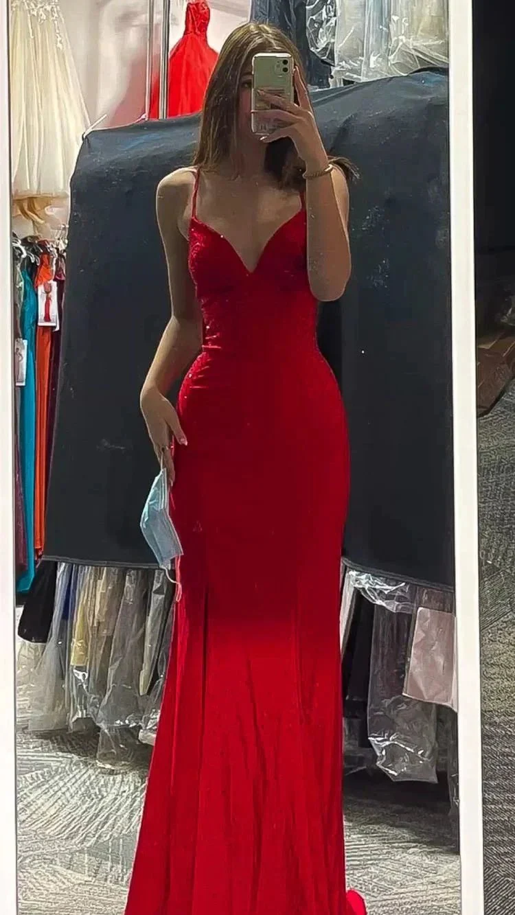 Red Spaghetti Straps Sheath Prom Dress,Red Evening Dress,Graduation Dress Y1835 - Image 2