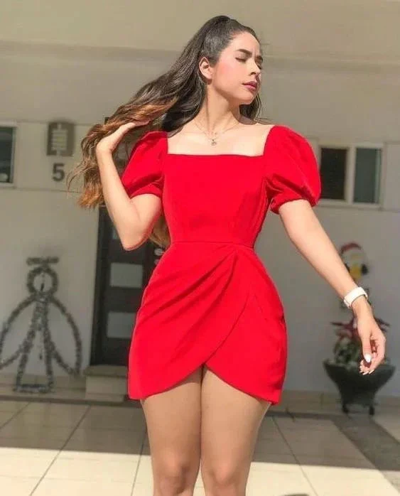 Red Square Neckline Homecoming Dress with Puff Sleeves Y2546 - Image 2