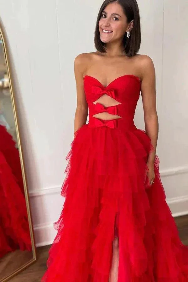 Red Strapless A-line Layers Bows Long Prom Dress with Slit  PSK513 - Image 2