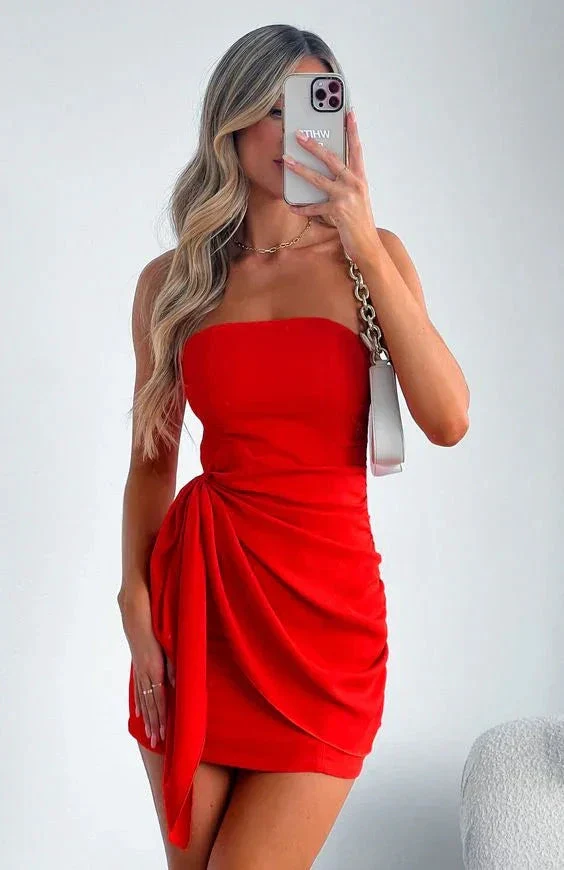 Red Strapless Homecoming Dress,Red Cocktail Dress Y2914 - Image 2