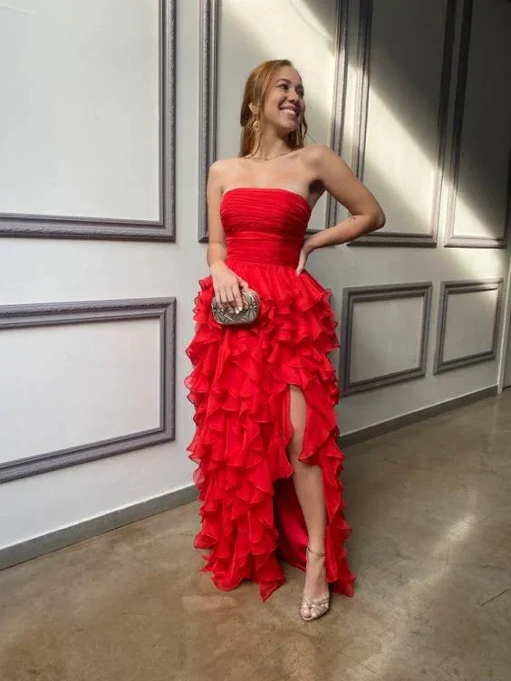 Red Strapless Long Prom Dress with Ruffles,Red Evening Dress  Y2367 - Image 2
