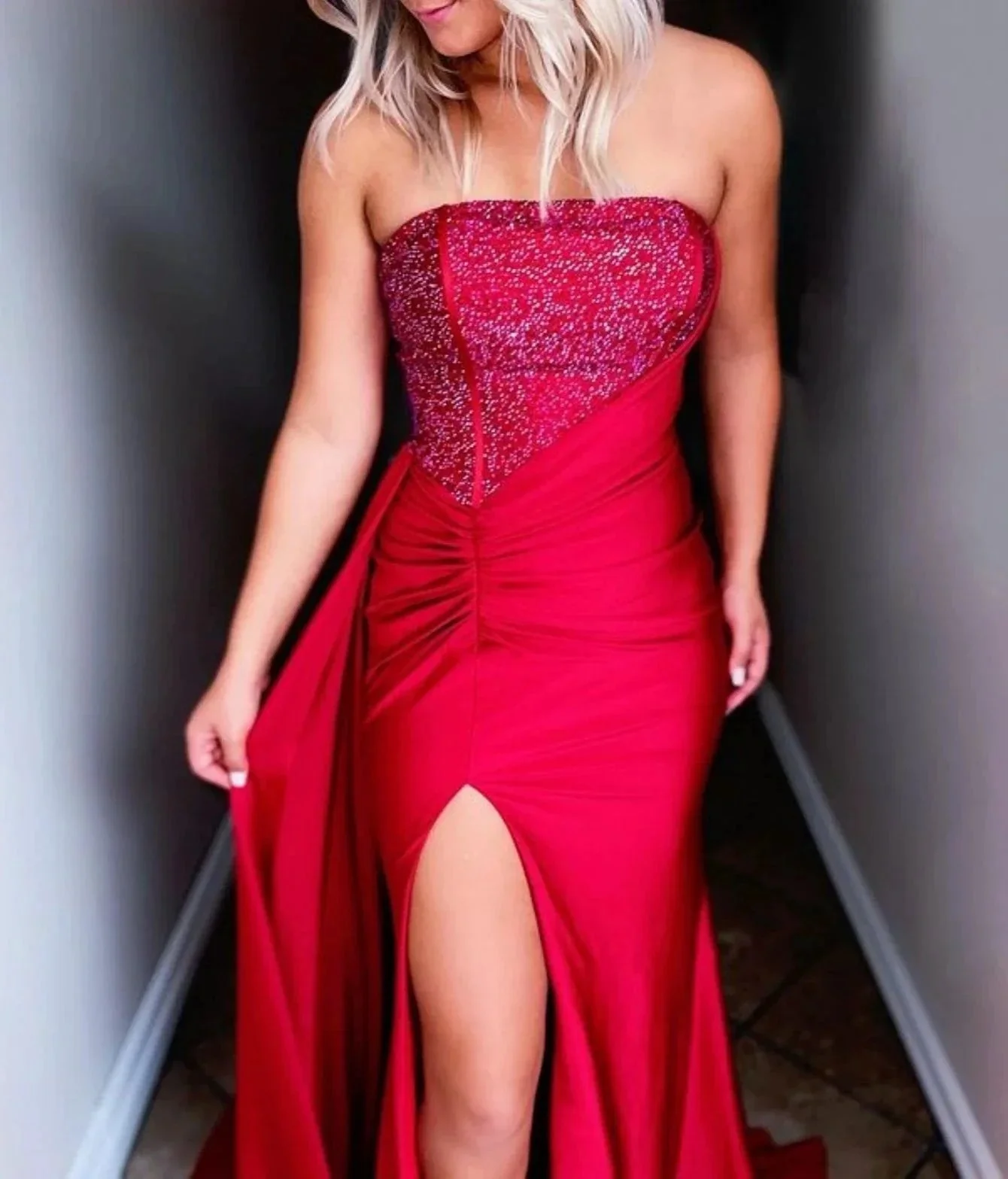 Ryann | Red Strapless Satin Long Prom Dress with Slit - Image 3