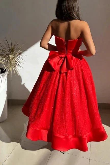 Red Strapless Solid Satin Ball gown Prom Dress - Image 2