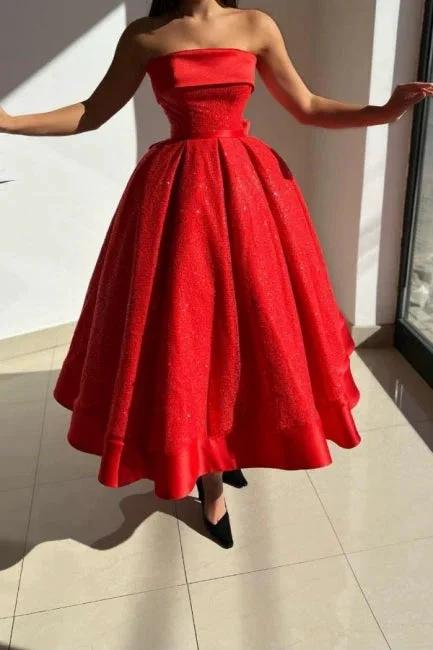 Red Strapless Solid Satin Ball gown Prom Dress - Image 3