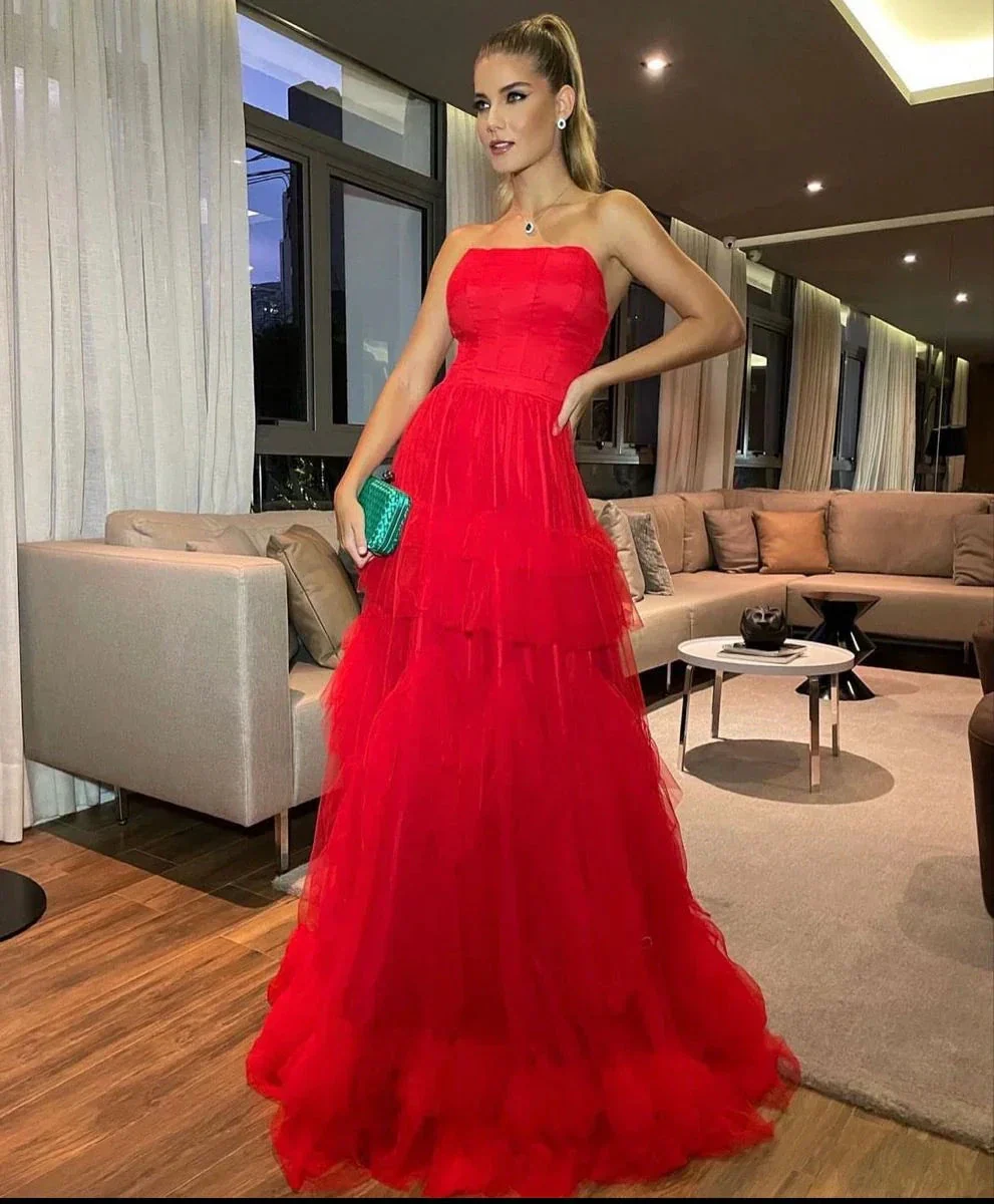 Red Strapless Tulle Prom Dress,Red Long Evening Dress Y2354 - Image 2