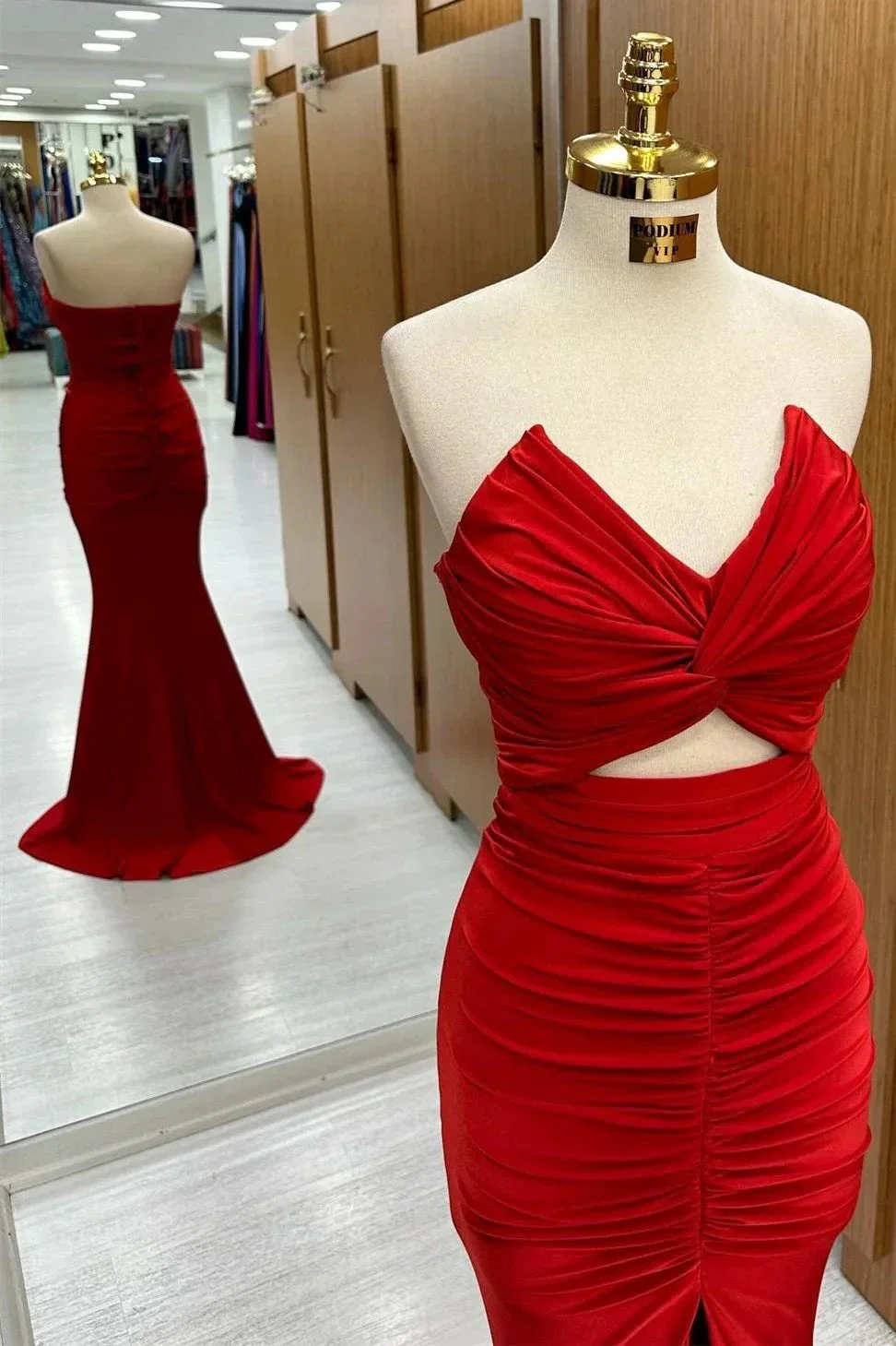 Monique | Red Strapless Twisted Knot Mermaid Long Formal Dress with Slit - Image 2