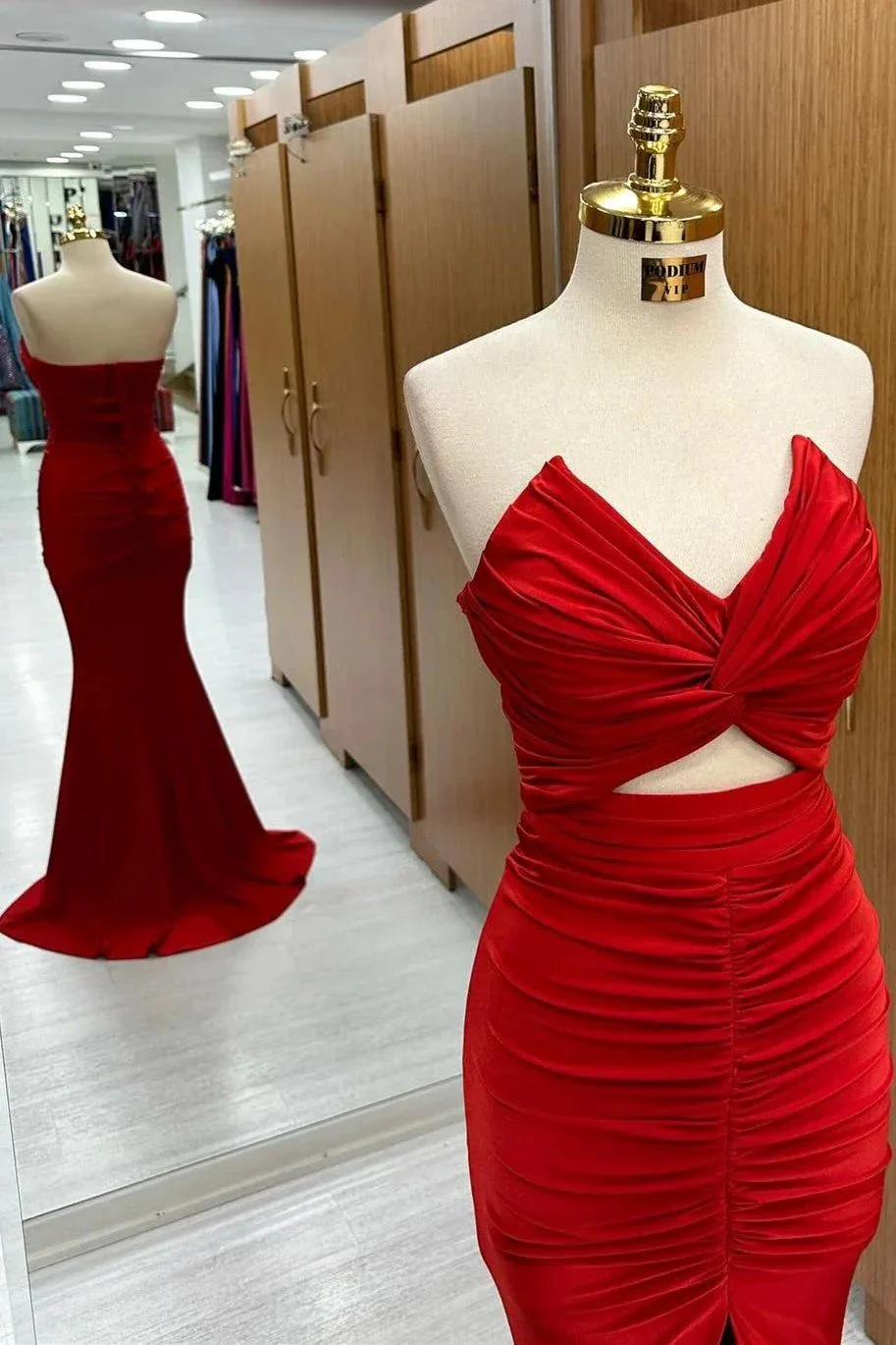Monique | Red Strapless Twisted Knot Mermaid Long Formal Dress with Slit - Image 3