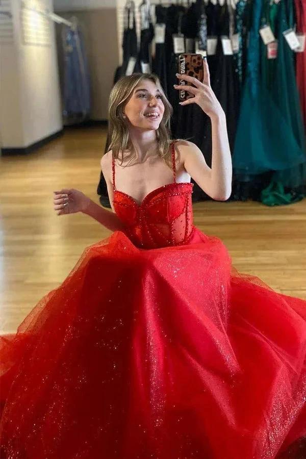 Straps Beaded A-Line Sparkly Red Prom Dress with Split  PSK503 - Image 2