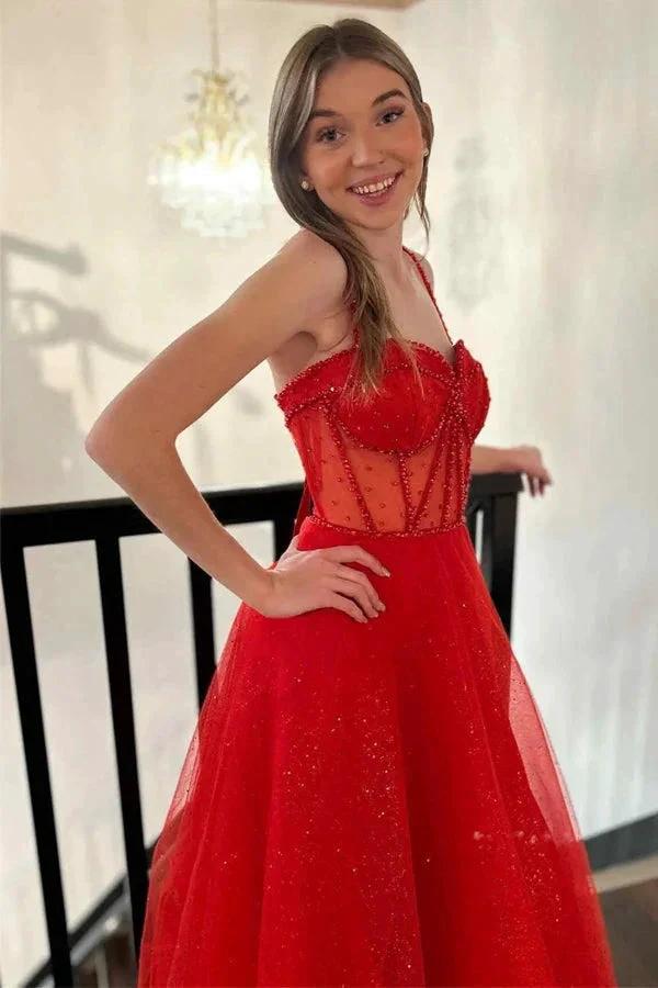 Straps Beaded A-Line Sparkly Red Prom Dress with Split  PSK503 - Image 3