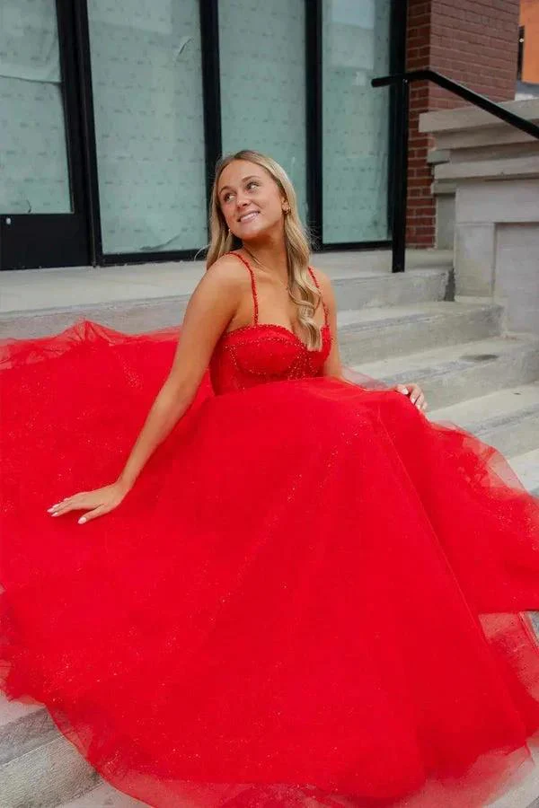 Straps Beaded A-Line Sparkly Red Prom Dress with Split  PSK503 - Image 4
