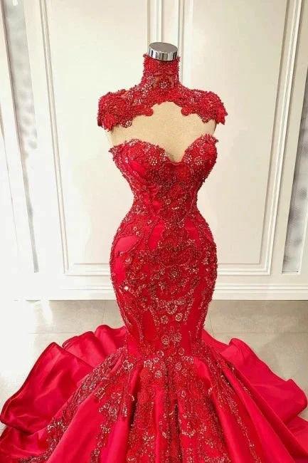 Red Sweetheart Sleeveless Mermaid Satin Floor-Length Prom Dresses with Beading - Image 2