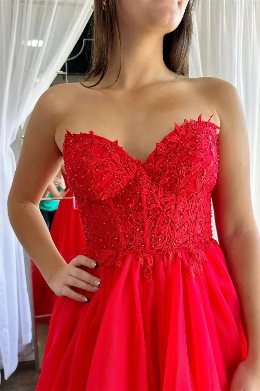 Romy | Red Tulle Appliques Sweetheart Ruffle Long Prom Dress - Image 2