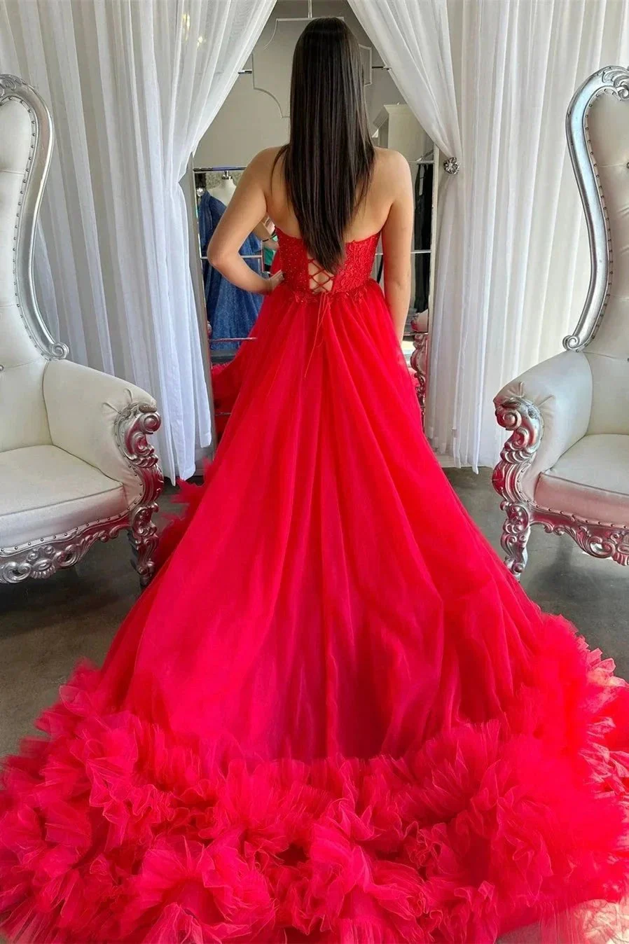 Romy | Red Tulle Appliques Sweetheart Ruffle Long Prom Dress - Image 3