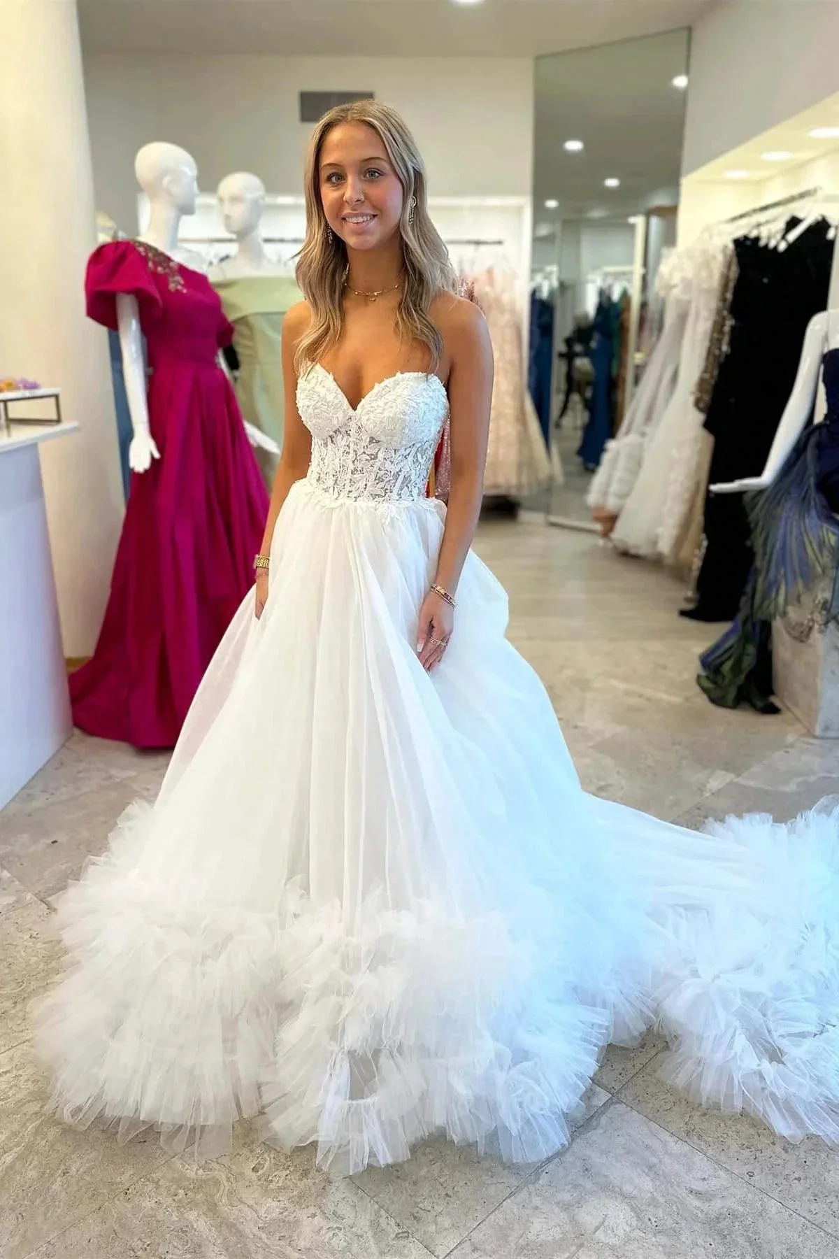 Romy | Red Tulle Appliques Sweetheart Ruffle Long Prom Dress - Image 7