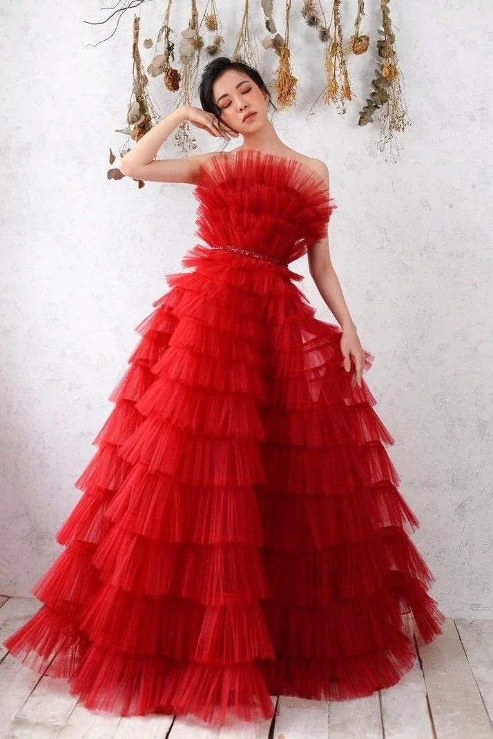 Red Tulle Long A line Ball Gown,Red Evening Dress Y3067 - Image 2