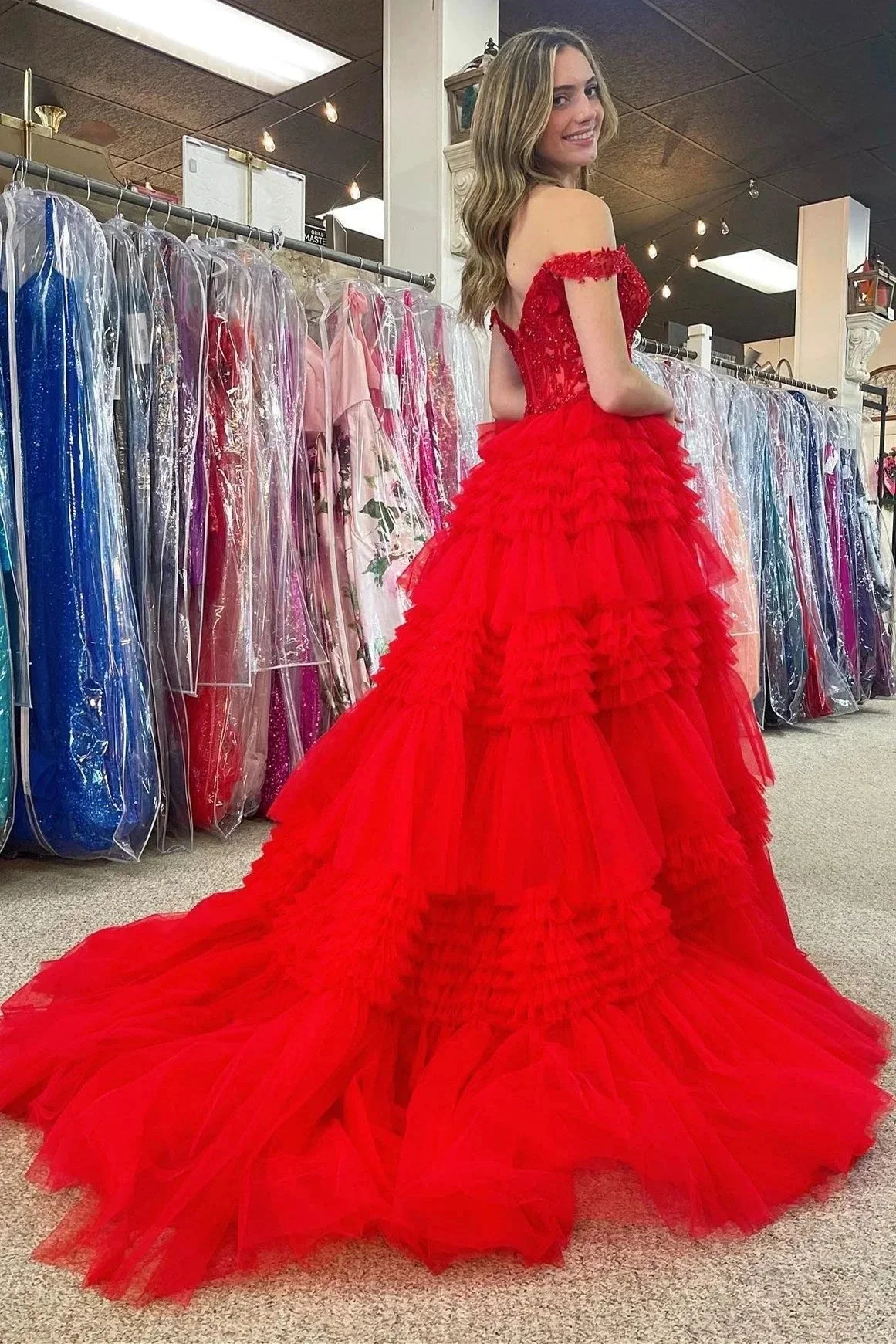 Elina | Red Tulle Off-the-Shoulder Ruffle Tiered Long Prom Dress - Image 3