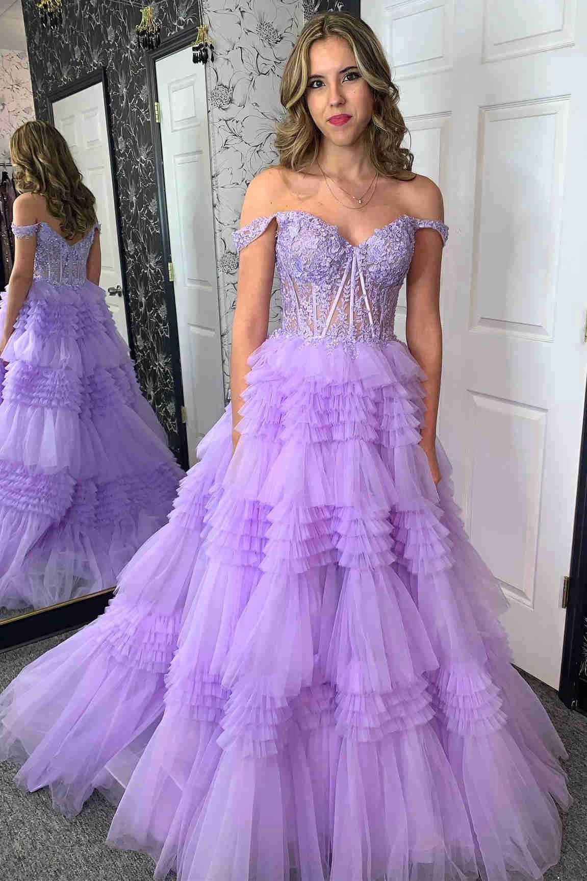Elina | Red Tulle Off-the-Shoulder Ruffle Tiered Long Prom Dress - Image 4