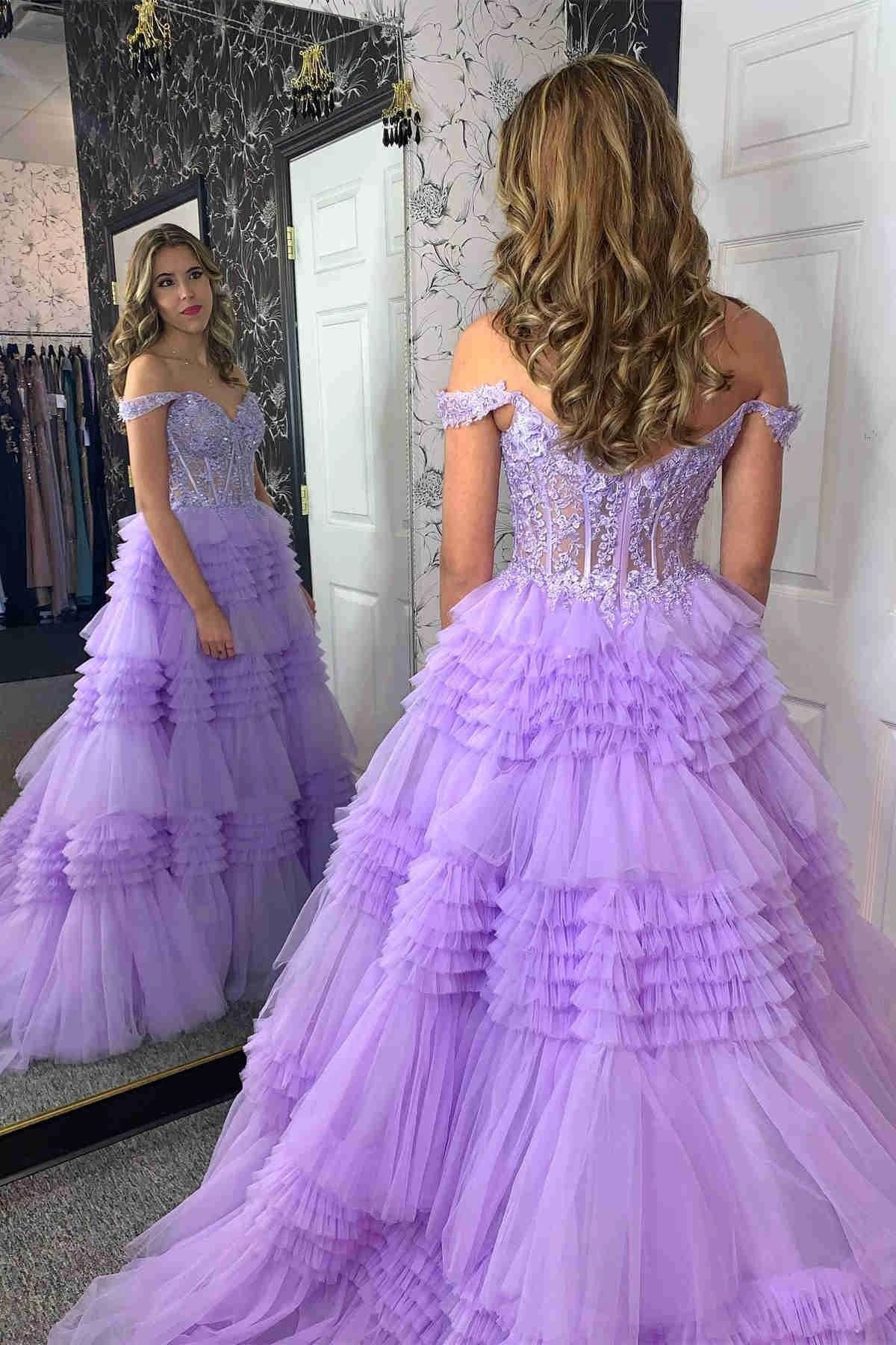 Elina | Red Tulle Off-the-Shoulder Ruffle Tiered Long Prom Dress - Image 5