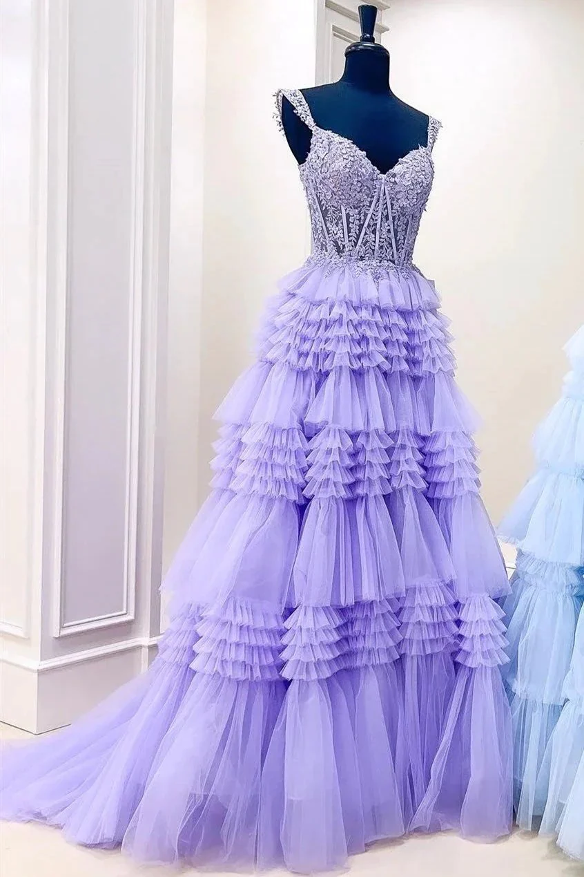 Elina | Red Tulle Off-the-Shoulder Ruffle Tiered Long Prom Dress - Image 7