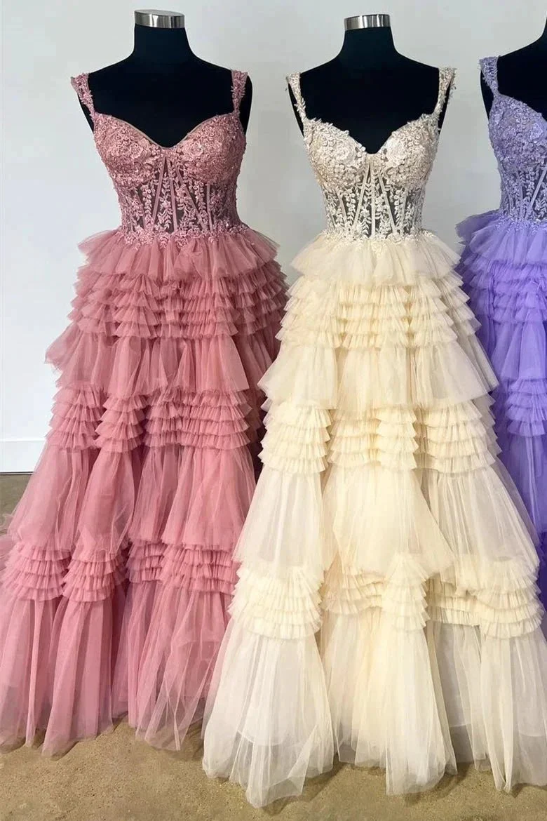 Elina | Red Tulle Off-the-Shoulder Ruffle Tiered Long Prom Dress - Image 8