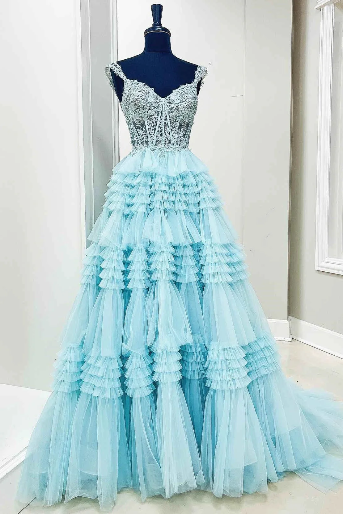 Elina | Red Tulle Off-the-Shoulder Ruffle Tiered Long Prom Dress - Image 9