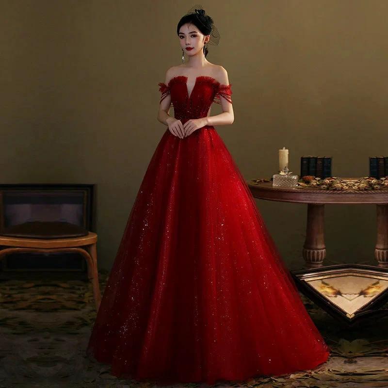 Red tulle sequins long prom dress red evening gown Y1179 - Image 2