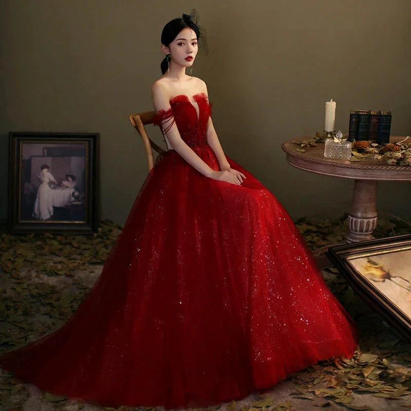 Red tulle sequins long prom dress red evening gown Y1179 - Image 3