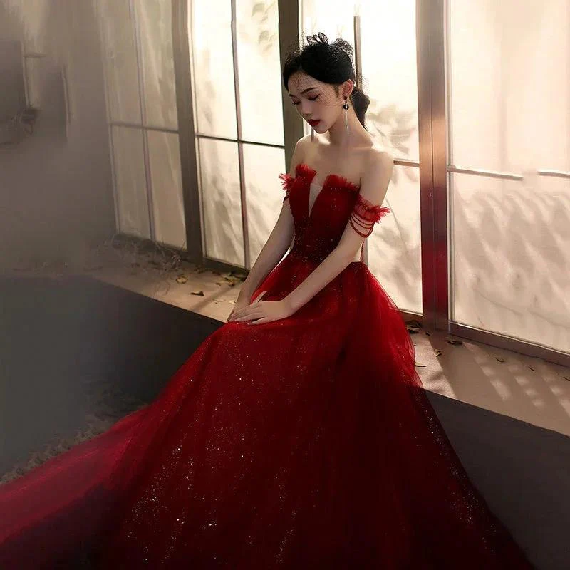 Red tulle sequins long prom dress red evening gown Y1179 - Image 4