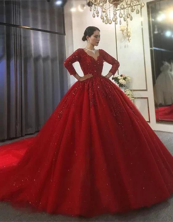 Red Tulle V-neck Long Sleeve Appliques Beading Wedding Dress Ball Gown Y53 - Image 2