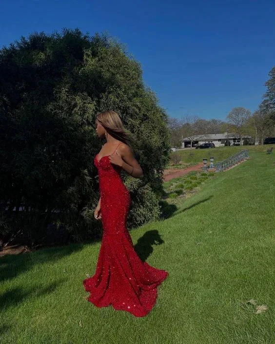 Red V-Neck Mermaid Long Prom Dress Evening Dress Y5959 - Image 2