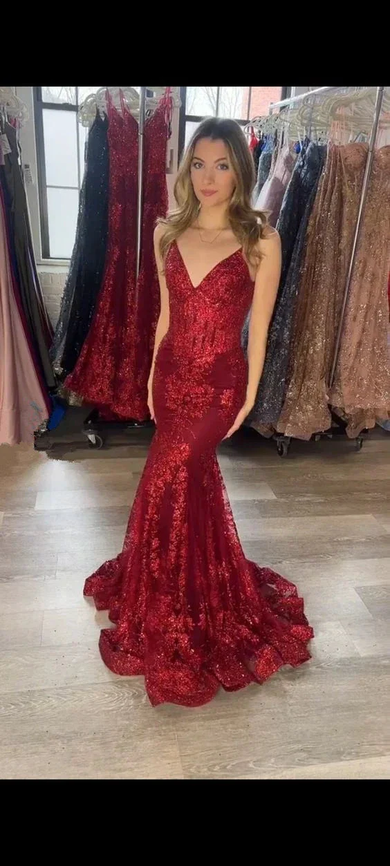 Red V Neck Mermaid Prom Dress Red Evening Gown Y5967 - Image 2