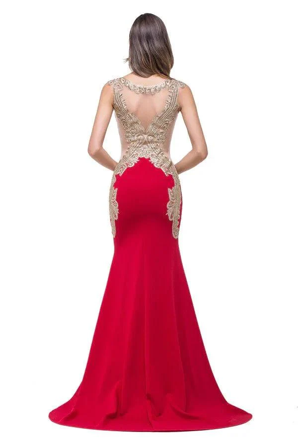 Red V-Neck Mermaid Sweep-length Appliques Formal Dresses - Image 10