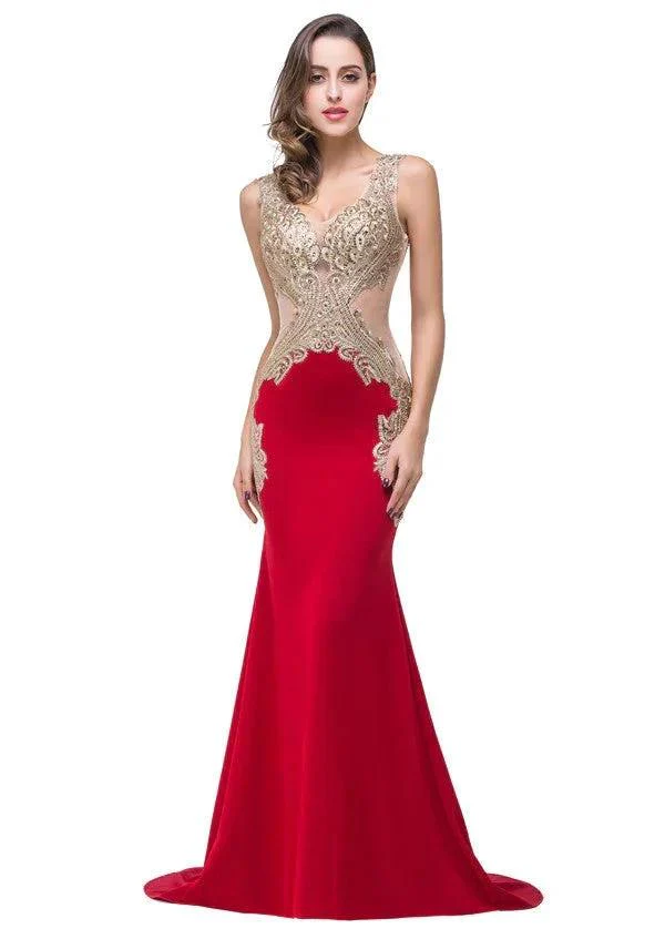 Red V-Neck Mermaid Sweep-length Appliques Formal Dresses - Image 2