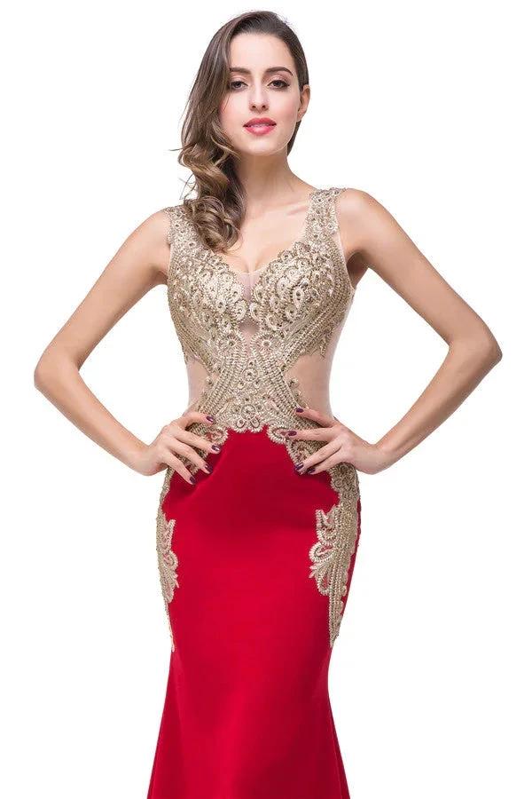 Red V-Neck Mermaid Sweep-length Appliques Formal Dresses - Image 3
