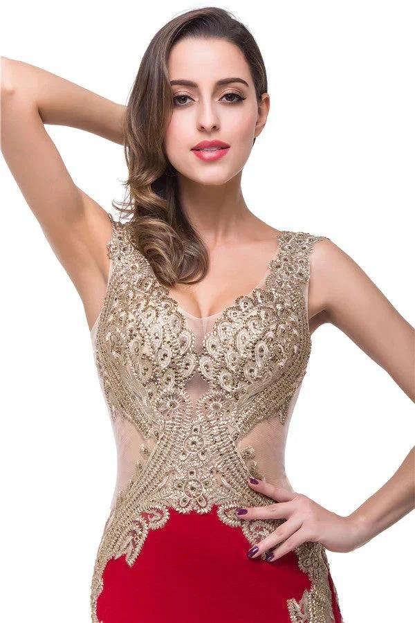 Red V-Neck Mermaid Sweep-length Appliques Formal Dresses - Image 4