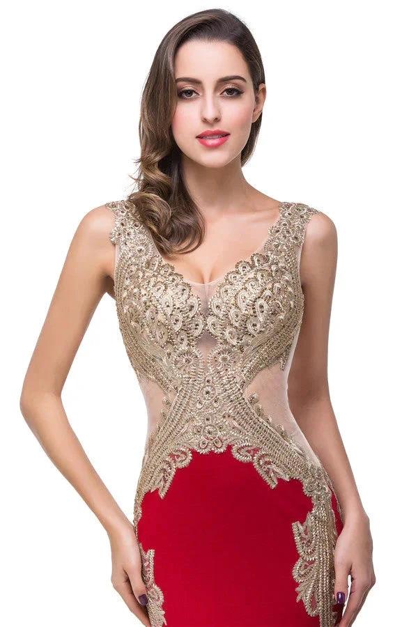 Red V-Neck Mermaid Sweep-length Appliques Formal Dresses - Image 5