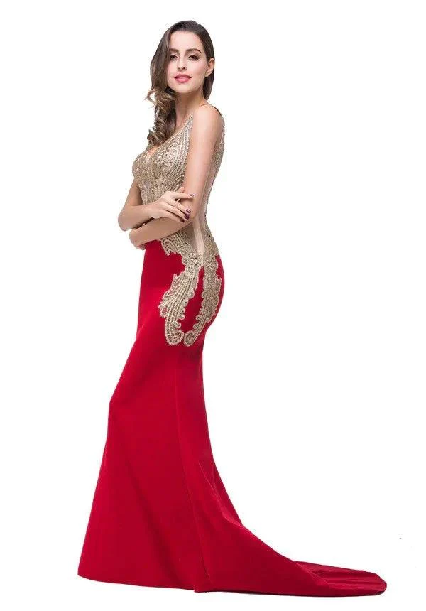 Red V-Neck Mermaid Sweep-length Appliques Formal Dresses - Image 6